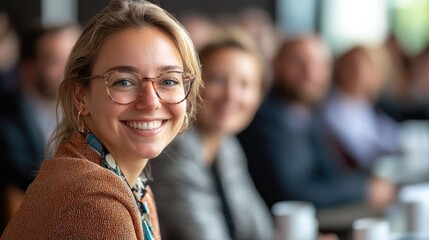 A smiling woman in a professional setting with others present