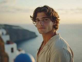 Captivating santorini lifestyle photography young man at the scenic beach in summer © Nontawat