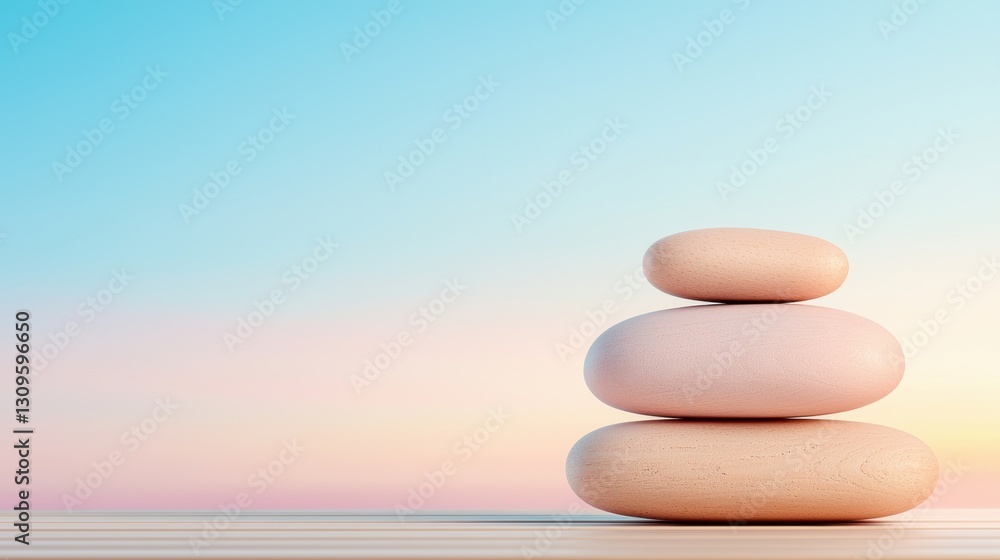 Poster a serene stack of smooth stones against a soft gradient sky, symbolizing balance and tranquility.