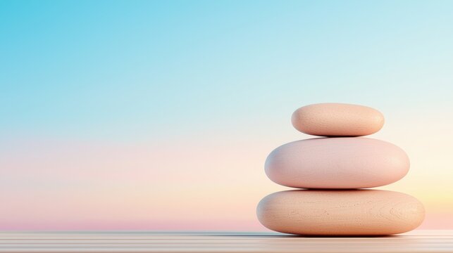 A serene stack of smooth stones against a soft gradient sky, symbolizing balance and tranquility.
