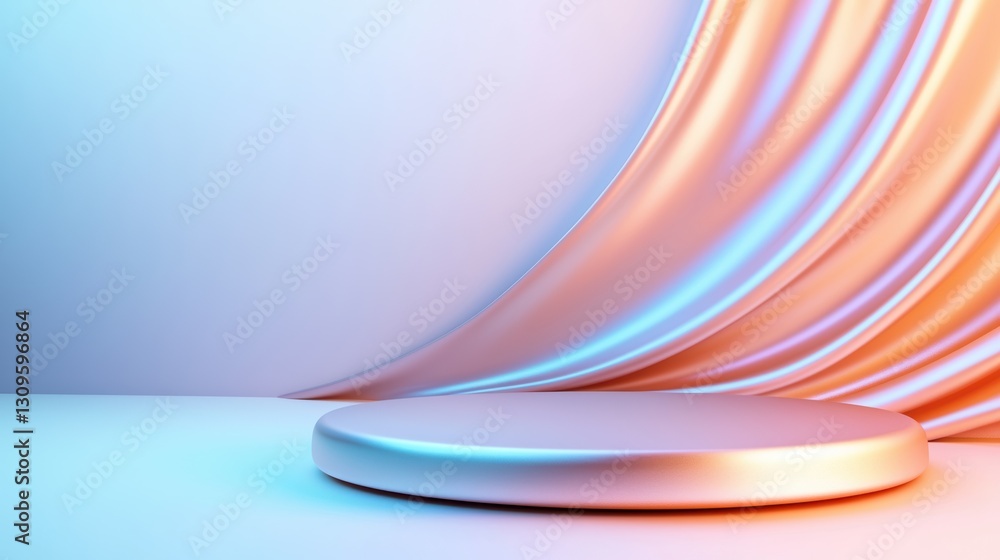 Poster a minimalist stage featuring a circular platform and draped fabric, illuminated with soft blue and o