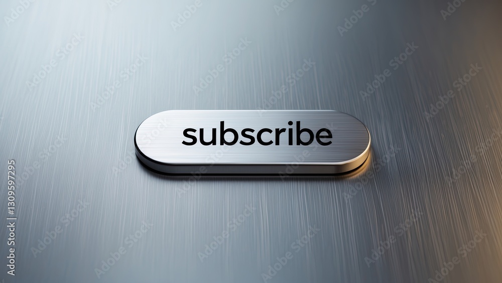 Aufkleber close-up of a sleek metallic subscribe button with engraved text on a shiny surface, showcasing mode