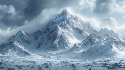 Majestic snow capped mountain range under a dramatic cloudy sky showcasing icy peaks and vast frozen wilderness landscape