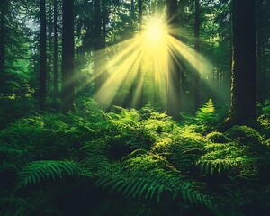 Fototapeta premium Sunbeams illuminating lush green forest.