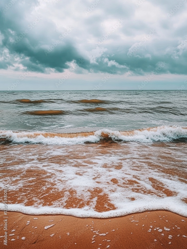 Poster Lonely seashore with gentle waves under overcast sky, inviting calm and reflection in an expansive open space Generative AI