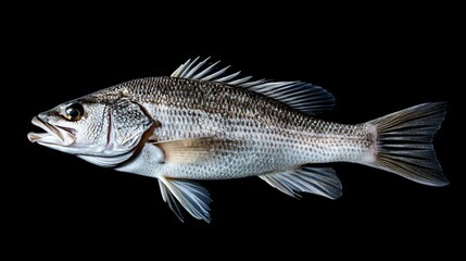 Fototapeta premium Fresh Sea Bass Fish In Black Isolation