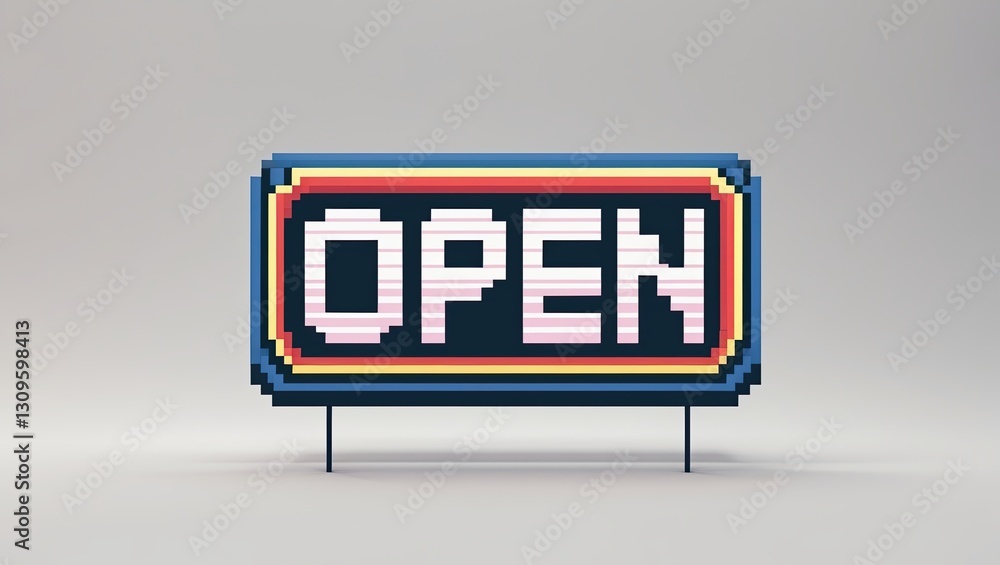 Poster pixelated neon sign displaying the word 'open' on a clean, minimalistic background, creating a vibra