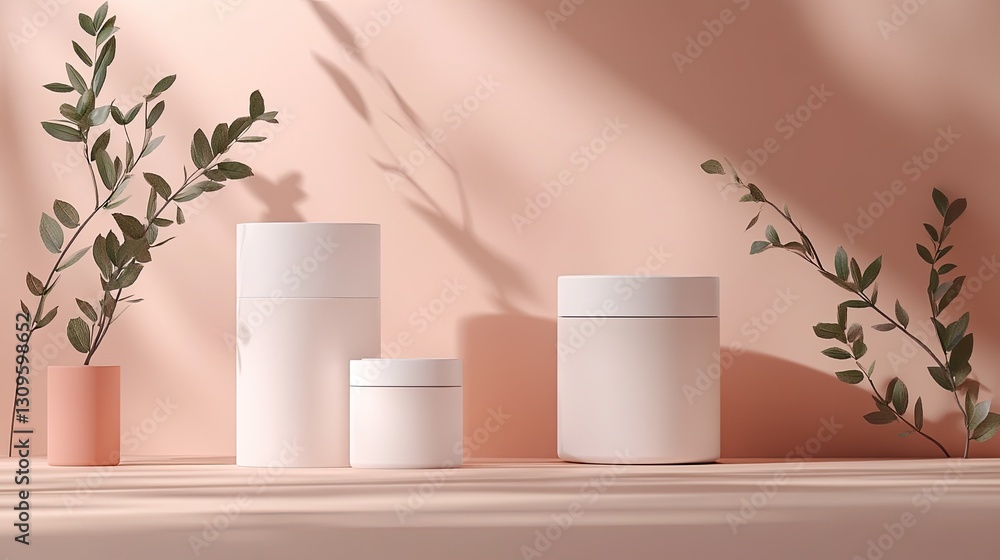 Poster minimalist product display with white containers and greenery on peach background