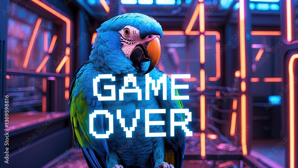 Poster a vibrant, blue parrot in a futuristic setting, surrounded by neon-lit structures and pixelated text