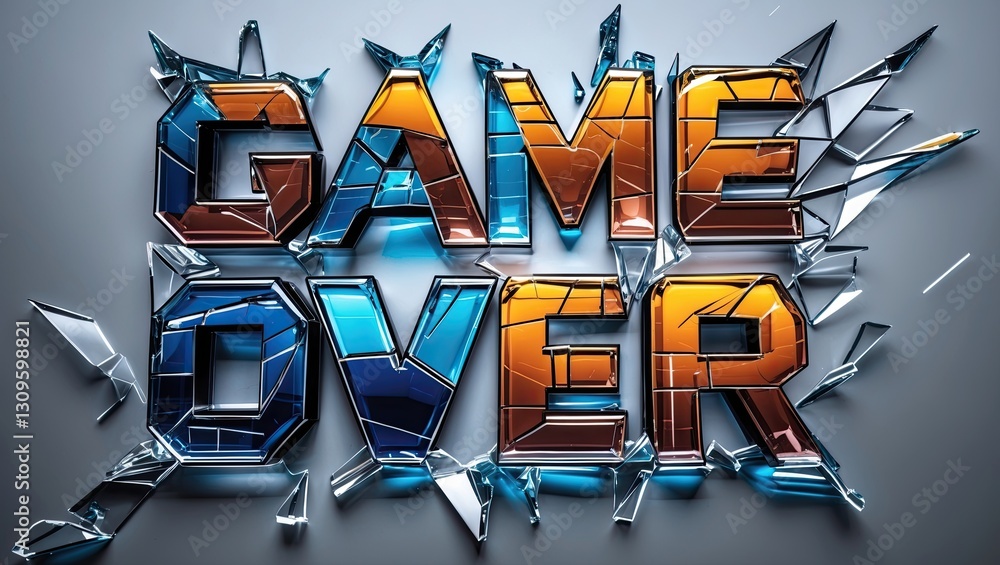 Poster vibrant 3d text expression of the phrase 'game over' splintered with shattered glass reflections