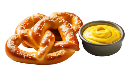 Soft pretzels served with mustard and cheese dip, white or transparent background. AI