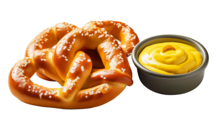 Soft pretzels served with mustard and cheese dip, white or transparent background. AI