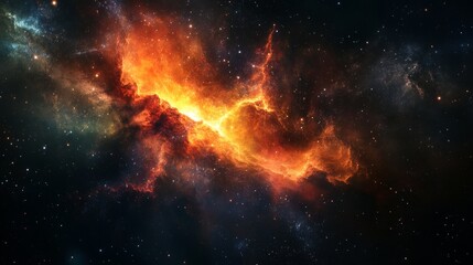 Naklejka premium Cosmic Firestorm Nebula - A vibrant nebula with fiery orange and yellow hues explodes across a dark space background, speckled with distant stars