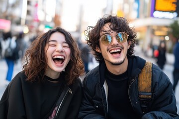 A joyful couple with stylish hair and sunglasses shares a joyous moment in a lively urban setting, capturing the spirit of love and happiness.