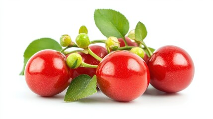 Obraz premium Bright red cherry with lush green stem captured on a pristine white background perfect for food and culinary themes