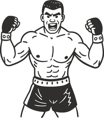 Fototapeta premium Boxing champion victory pose illustration, gloved fighter celebrates win, iconic strong boxer artwork