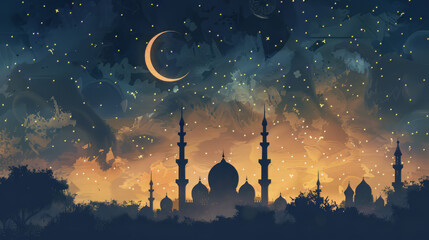 Majestic mosque silhouette against starry night sky,on Ramadan,Hari Raya Aidilfitri,Eid-Ul-Fitr