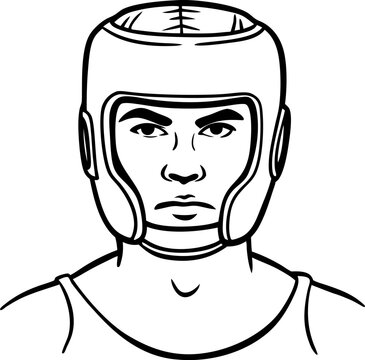 boxer wearing protective headgear, black and white clip art preview