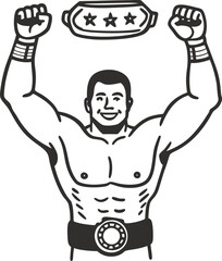 Champion wrestler raising championship belt in victory, strong muscular athlete celebrating win