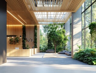 Fototapeta premium Modern indoor space with natural light and greenery in a contemporary architectural design, featuring open layout and wooden elements