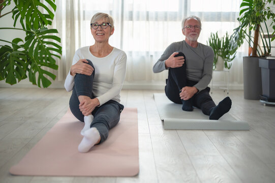 Senior couple practicing yoga at home, sitting on mats and performing a seated spinal twist stretch. They are in a bright living room with natural light and indoor plants