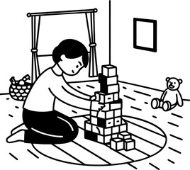 child playing with building blocks in a room, creating a tower monochrome illustration of playtime and creativity indoors