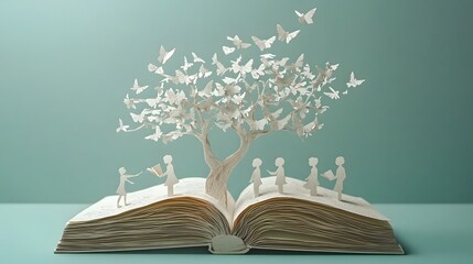 An open book with knowledge flowing into the minds of children captured in a captivating paper art composition featuring a tree like structure butterflies and a vibrant color palette