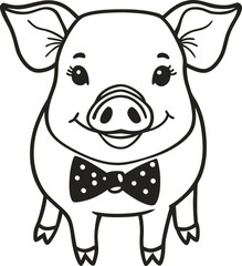 Fototapeta premium smiling pig in bow tie cute illustration, black and white farm animal, playful whimsical design