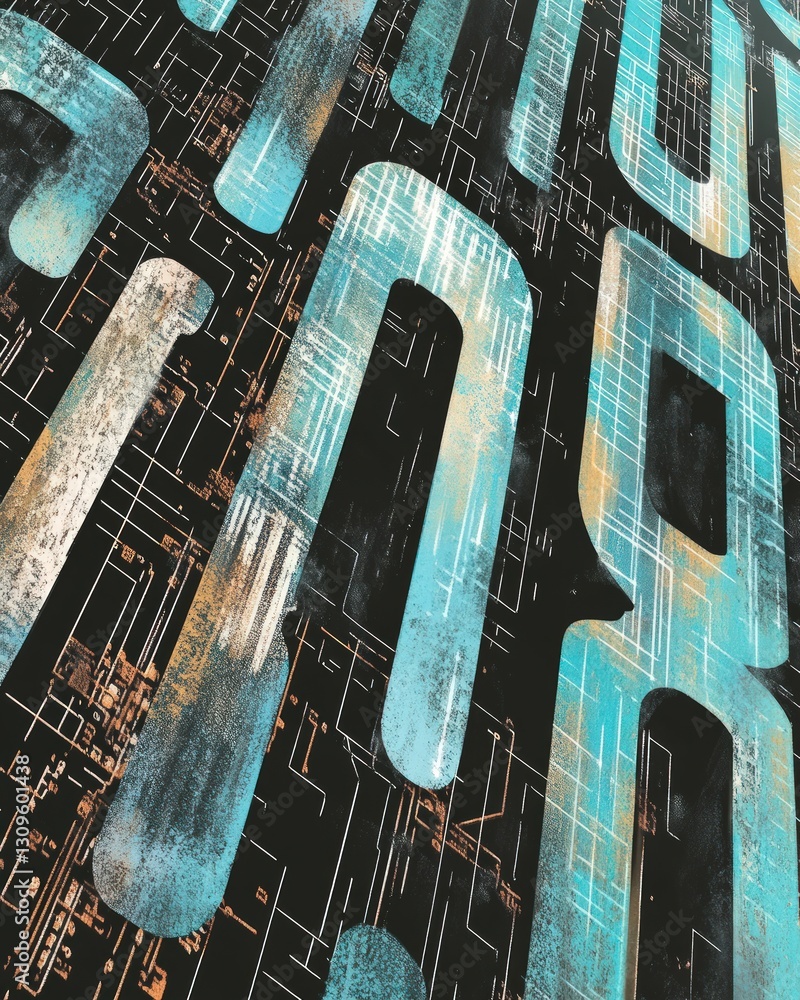 Poster textured teal and white letters on black background with digital circuit pattern abstract design