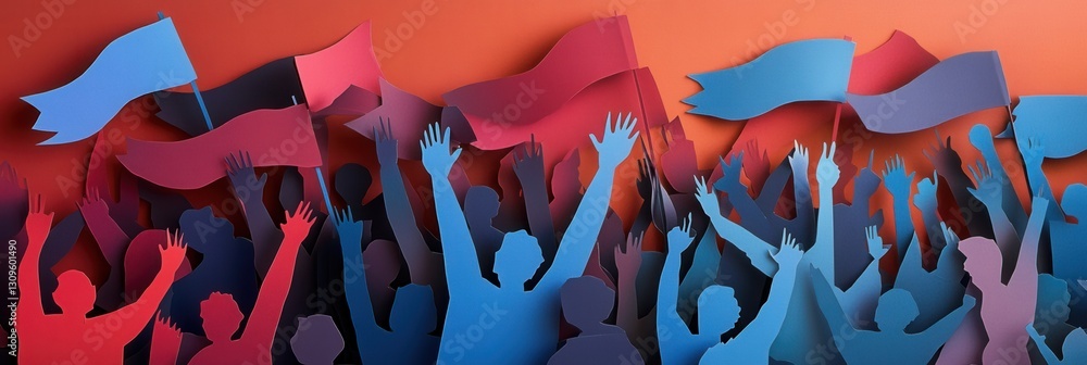 Leinwandbilder Powerful paper art background depicting activism and unity through layered silhouettes of a crowd with raised hands and flags Generative AI