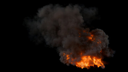 High angle view of Large Fire with intense Flames and thick dark Smoke rising high with billowing and turbulences on a Black Background