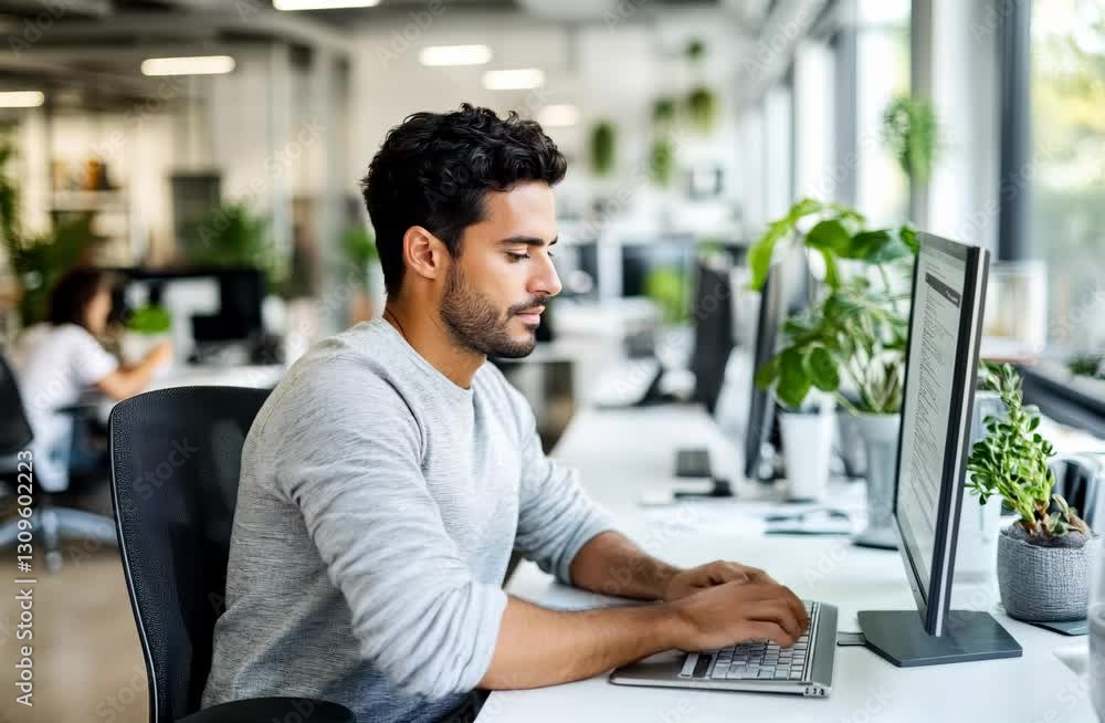 Poster it specialist in casual attire troubleshooting computer issues for a client in a modern office