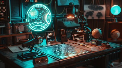 Fototapeta premium Retro Futuristic Control Room: A Sci-Fi Workstation
