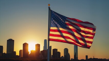Naklejka premium Golden Glory: The American Flag Against the Dawn