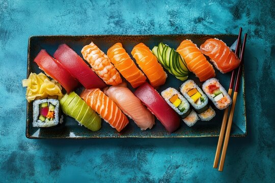 Assorted sushi platter, overhead view, blue background, restaurant menu