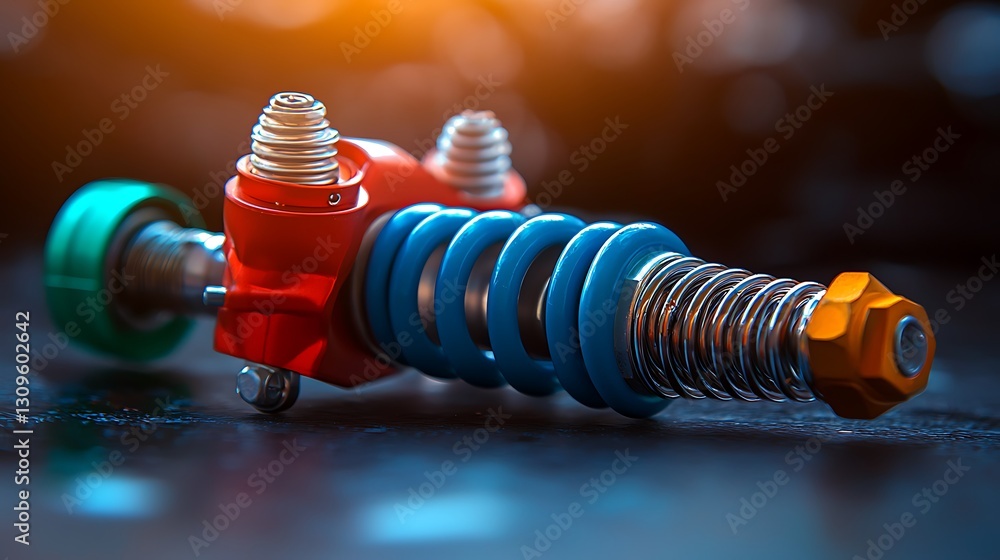 Poster close-up view of a colorful shock absorber showcasing intricate design and detailing