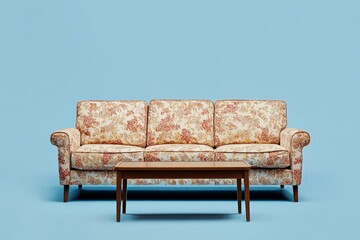 Floral Patterned Sofa and Wooden Table Placed Against a Blue Background