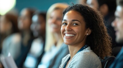 A beautiful woman smiling brightly while attending a conference