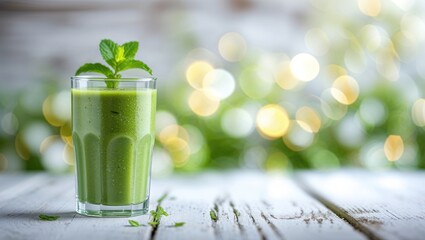 Refreshing green smoothie with mint on a rustic wooden table surrounded by soft bokeh lights