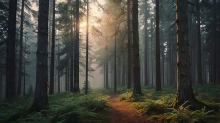 Fototapeta premium Misty Fir Forest at Dawn #1