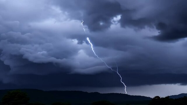 Thunderstorm clouds rumble streaks lightning illuminate dramatic sky creating intense atmospheric weather themed video perfect cinematic projects