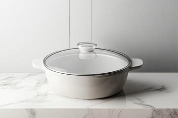 Elegant White Ceramic Cooking Pot with Glass Lid on Marble Countertop