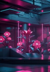 Futuristic neon flowers in a vibrant, high-tech environment