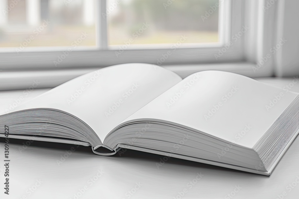 Poster blank book open near window showing white pages and soft light