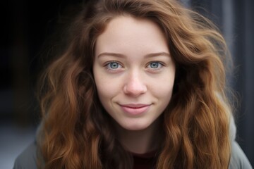 Naklejka premium A young woman stands outside, her long, wavy red hair gently catching the breeze. Her radiant blue eyes reflect joy, making her demeanor inviting and warm despite the cool surroundings