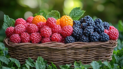 A beautifully arranged basket filled with fresh raspberries, blackberries, and golden berries set against a lush green background.