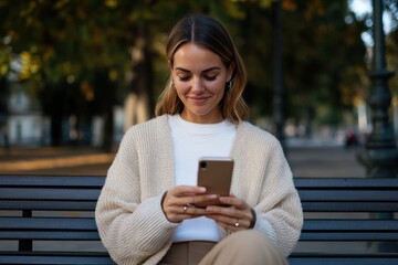 A joyful woman sits on a park bench, smiling as she interacts with her phone, surrounded by greenery that adds a serene and peaceful atmosphere to her moment of connection.