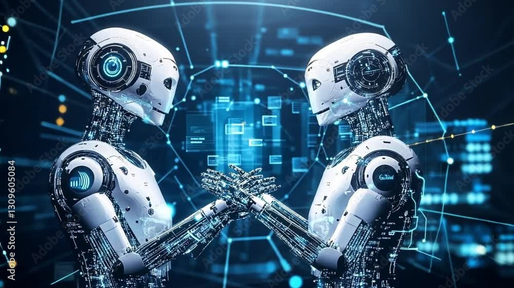 Poster two futuristic robots engaging in a handshake in a tech environment