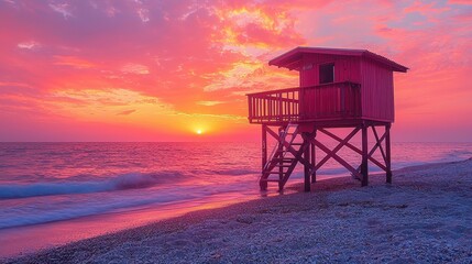 A vibrant sunset over the ocean with a pink and orange sky. A red lifeguard tower stands on wooden stilts by the shore, reflecting tranquility and beauty.