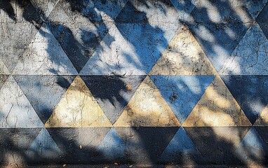 Weathered triangular tile pavement with leaf shadows.
